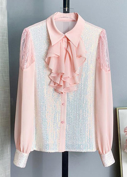 Pink Bow Sequins Patchwork Chiffon Blouses Long Sleeve