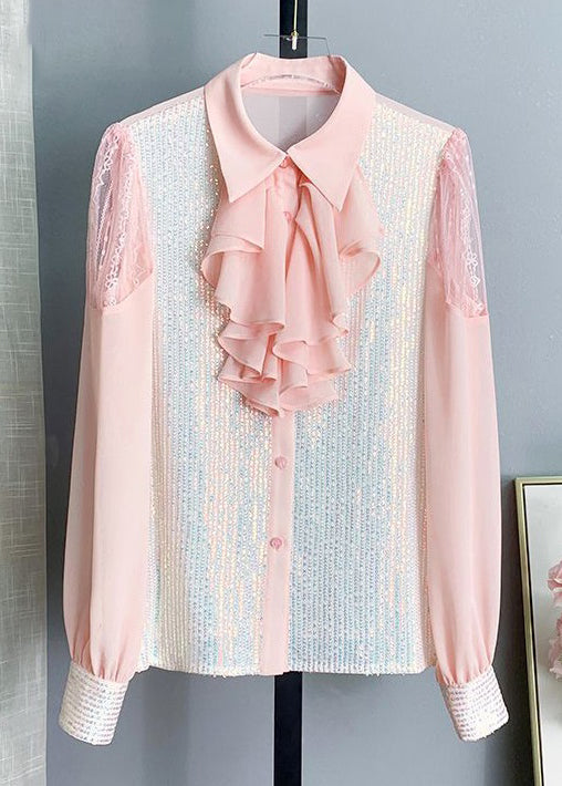 Pink Bow Sequins Patchwork Chiffon Blouses Long Sleeve