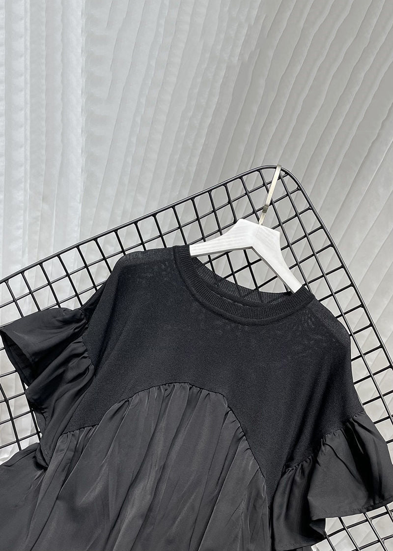 Black Patchwork Loose Chiffon Tops O Neck Flare Sleeve