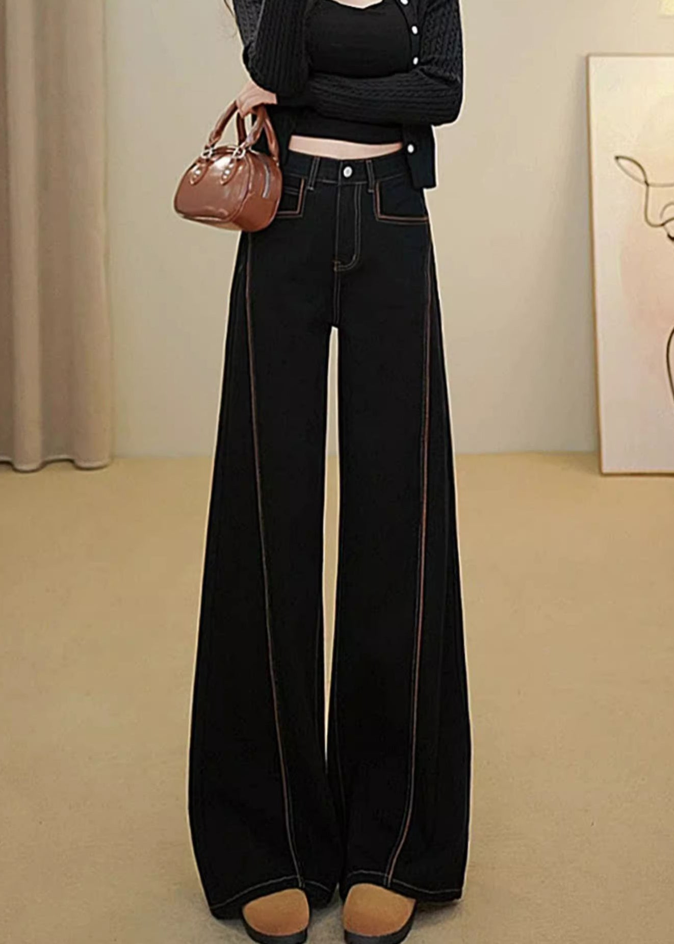 Simple Black Oversized Patchwork Denim Wide Leg Pants Fall