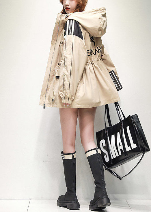 Khaki Pockets Drawstring Cotton Jacket Hooded Embroideried Spring