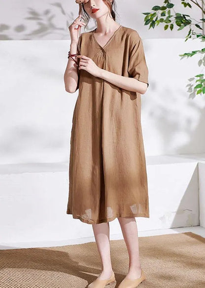 Apricot V Neck Lantern Sleeve Summer Linen Sundress Half Sleeve