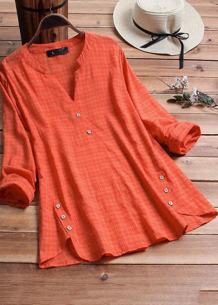 Plaid Side Button V-neck Long Sleeve Shirt Blouse
