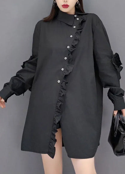 Black Peter Pan Collar Asymmetrical Ruffled Cotton Shirt Tops Spring