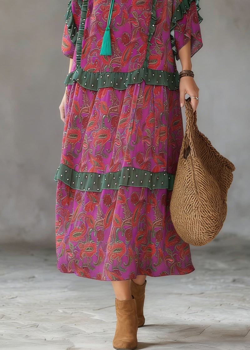 Purple Red Print Ruffled Chiffon Party Dress Summer