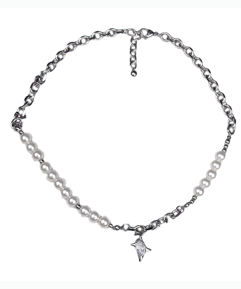 Classy White Pearl Patchwork Tungsten Steel Zircon Pendant Choker
