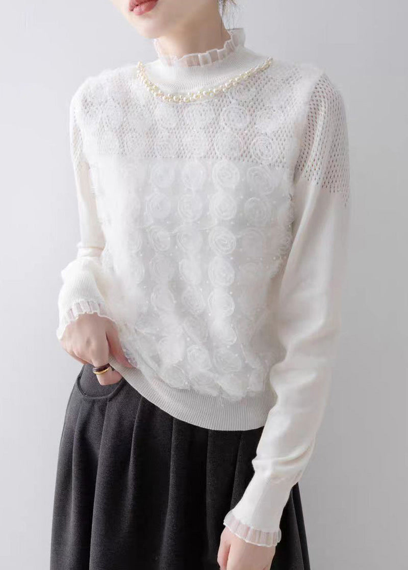 Modern White Ruffled Knit Top Spring