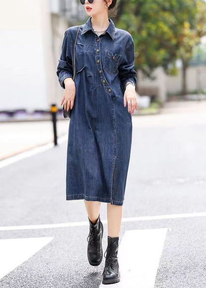 Vogue Blue Asymmetrical Patchwork Side Openopen Button Denim Long Dresses Fall
