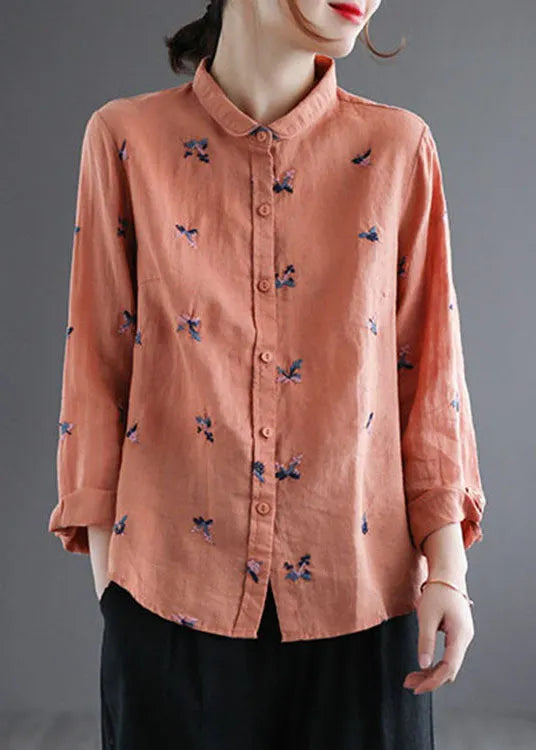 Diy Orange Embroideried Loose Linen Shirts Spring