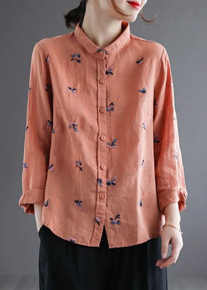 Diy Orange Embroideried Loose Linen Shirts Spring