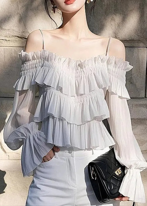 Light Grey Ruffled Chiffon Spaghetti Strap Blouse Flare Sleeve