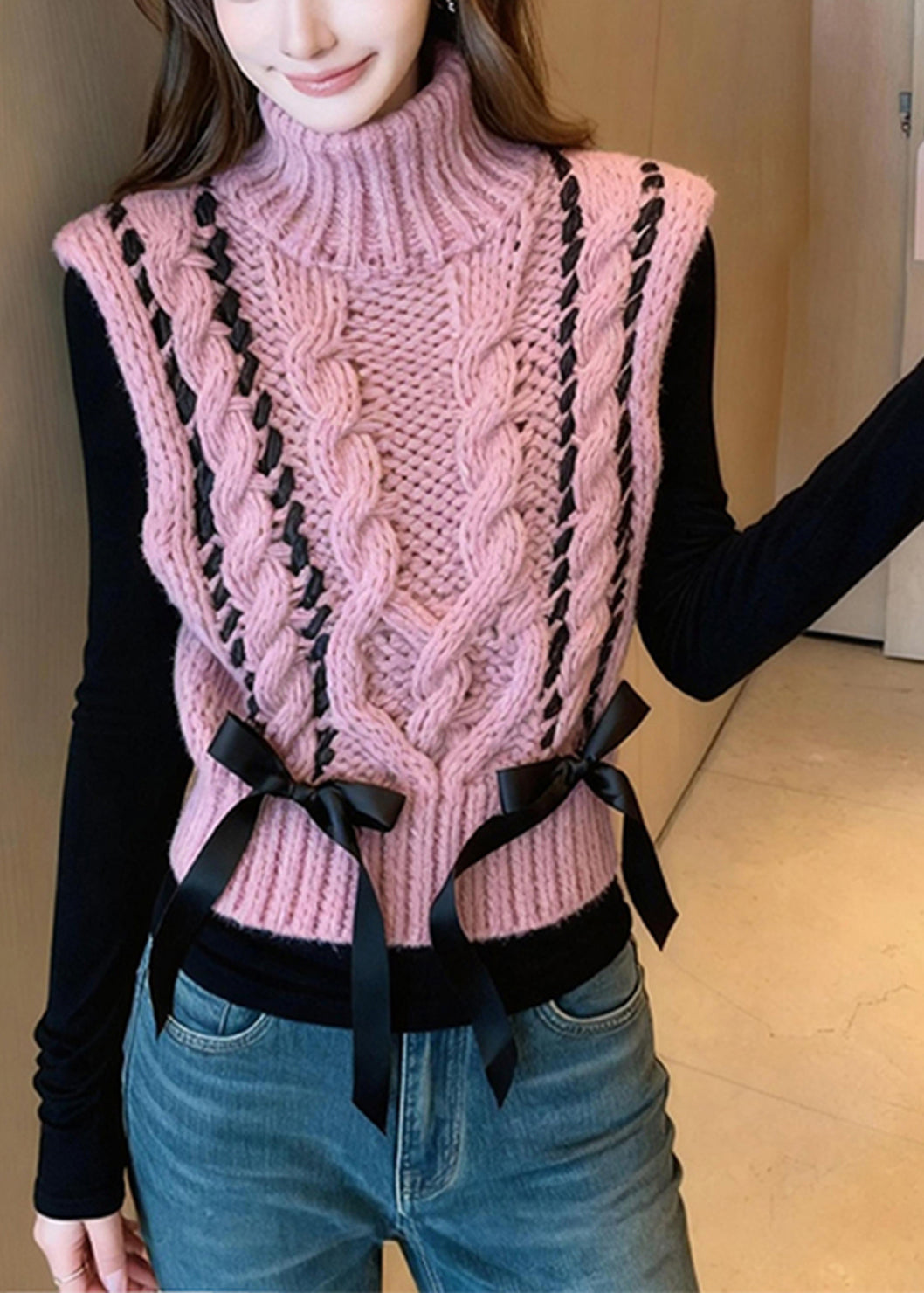 Pink Turtle Neck Bow Warm Knit Vest Spring