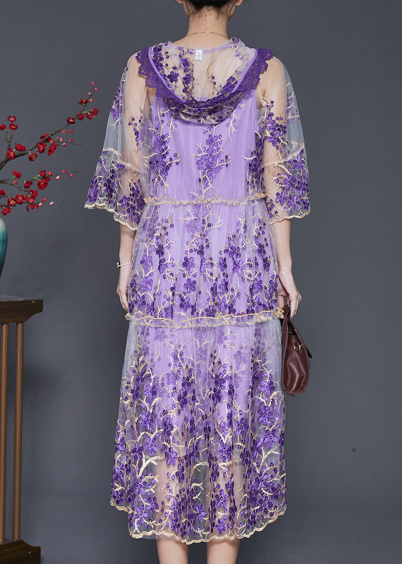 Purple Embroidered Tulle Dress Two Pieces Set Summer