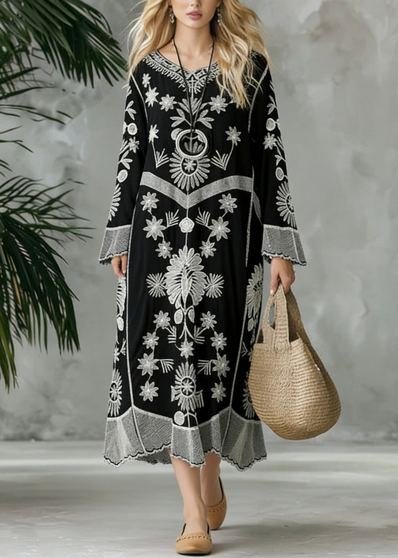 French Black Print V Neck Baggy Chiffon Robes Spring Dresses