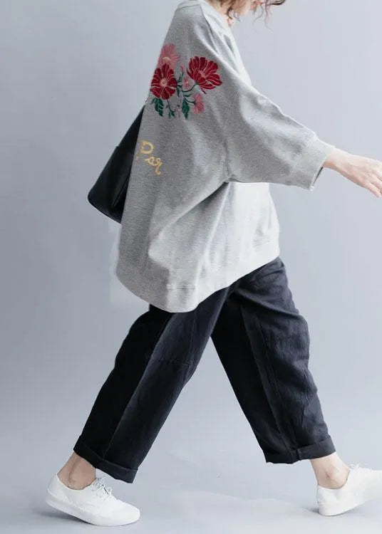 Grey Loose Batwing Sleeve Print Fall Sweatshirt Street Wear