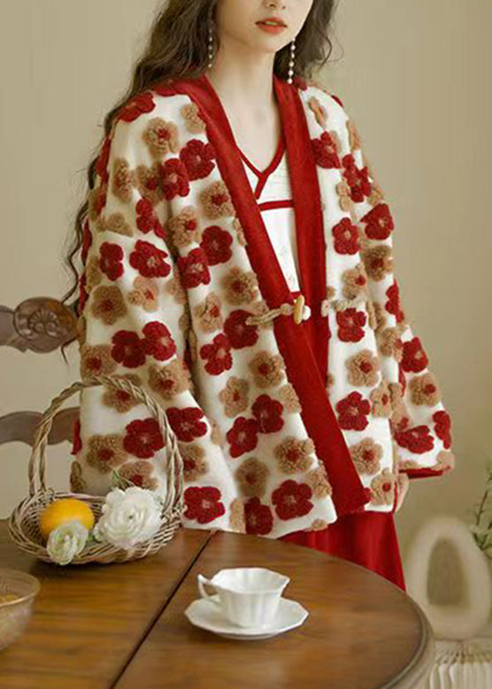French Red V Neck Warm Coat Winter