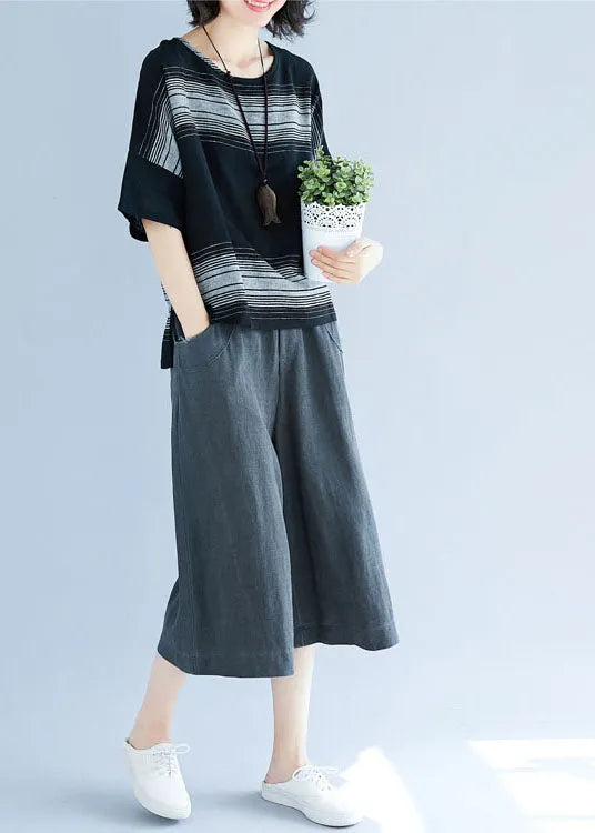 Black Oversized Striped Cotton Tanks Short Sleeve
