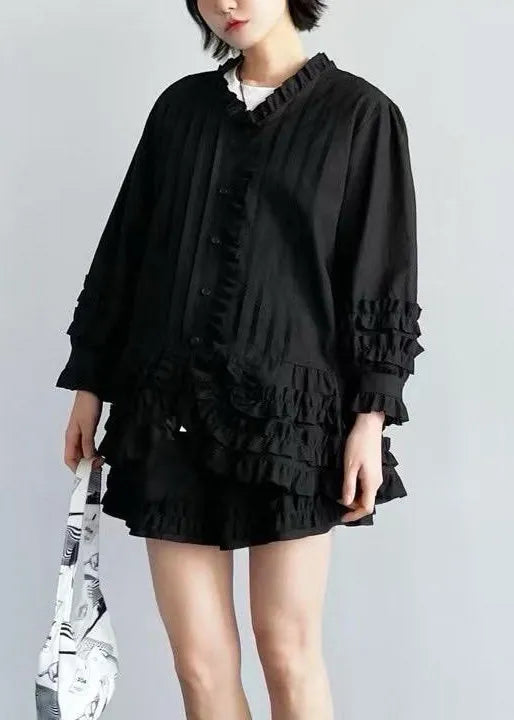 French White Ruffled Shirt and Shorts Cotton Two Piece Set Fall