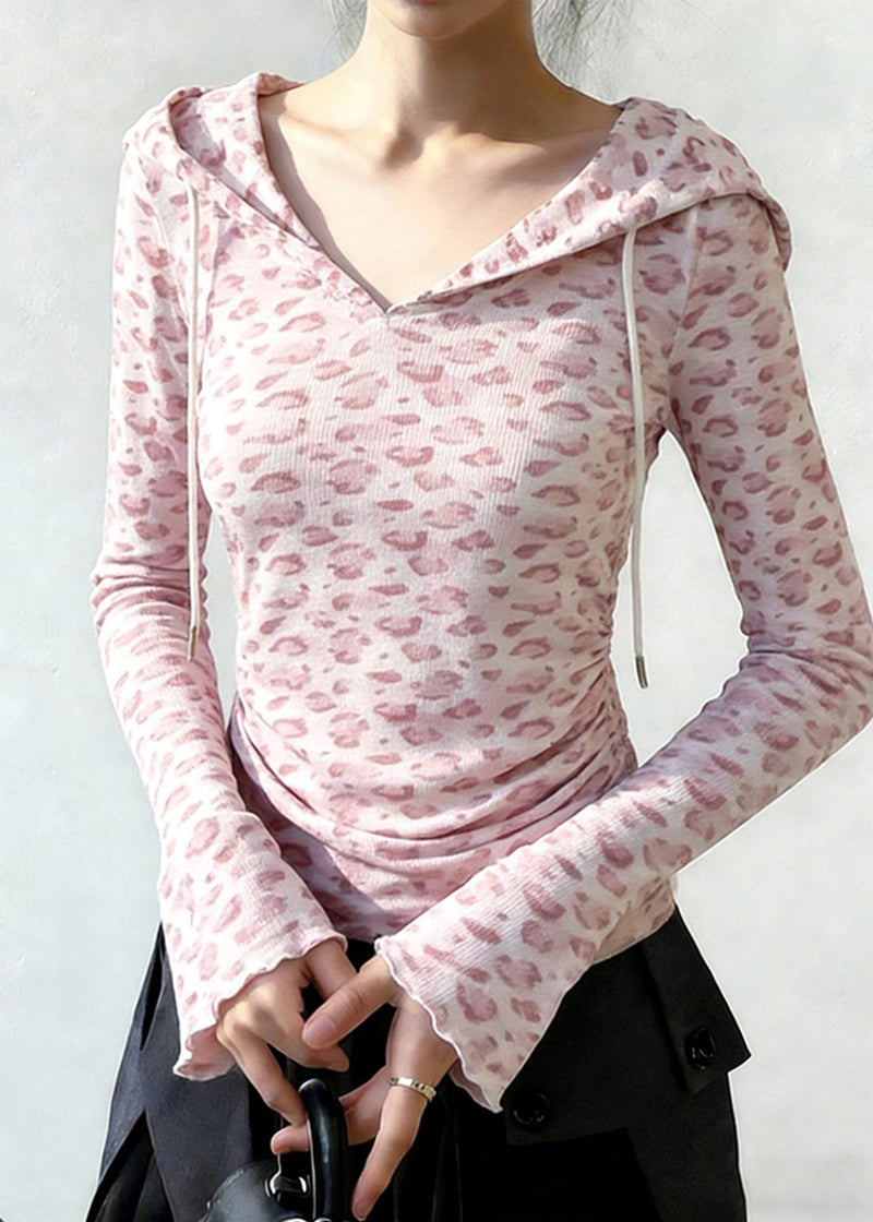 Pink Hooded Leopard Print Cotton Sweatshirt Tops Spring
