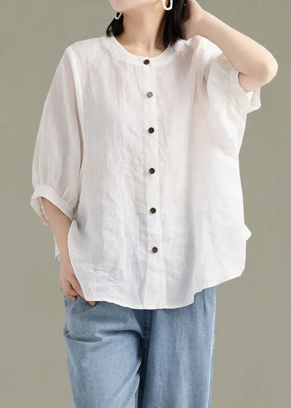 Art White Patchwork O-neck Button Linen Loose Shirt Top Lantern Sleeve