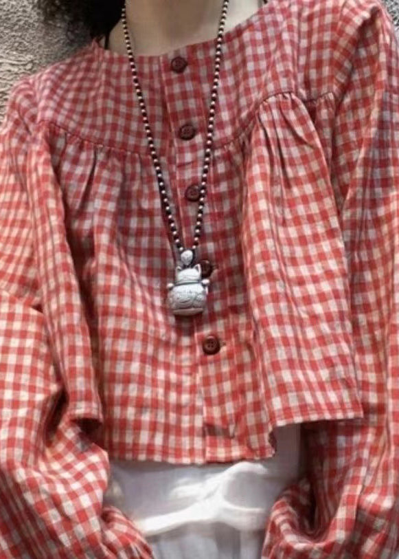 Red Plaid O-neck Button Cotton Shirt Top Long Sleeve
