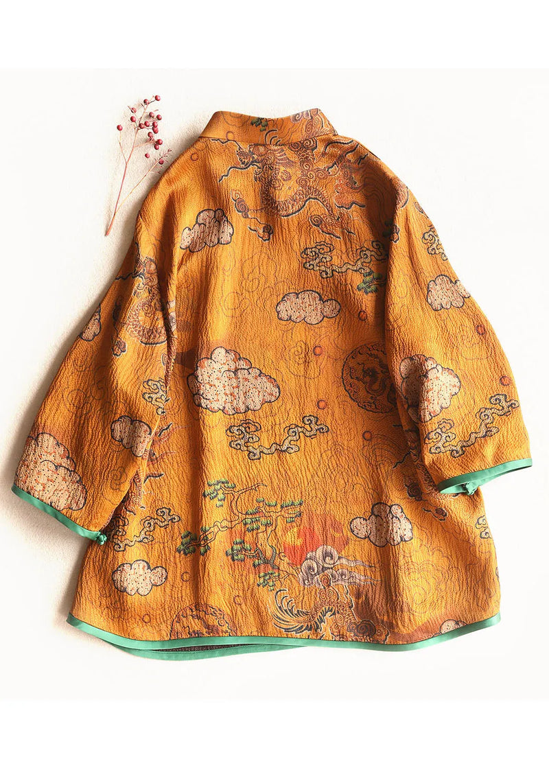 Chinese Style Ginger Stand Collar Button Print Silk Tops Spring