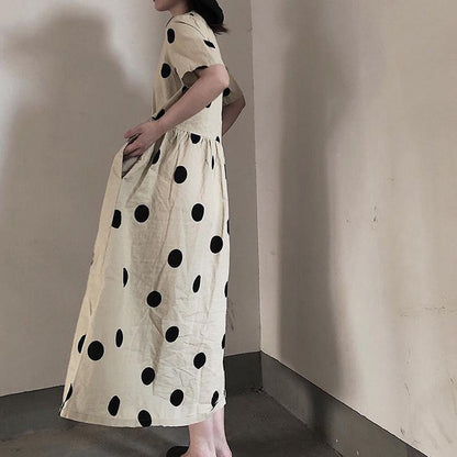 Natural V Neck Wrinkled Spring Tunics Work Outfits Dotted Long Dresses