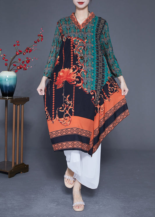 Green Asymmetrical Patchwork Print Silk Maxi Dresses Spring