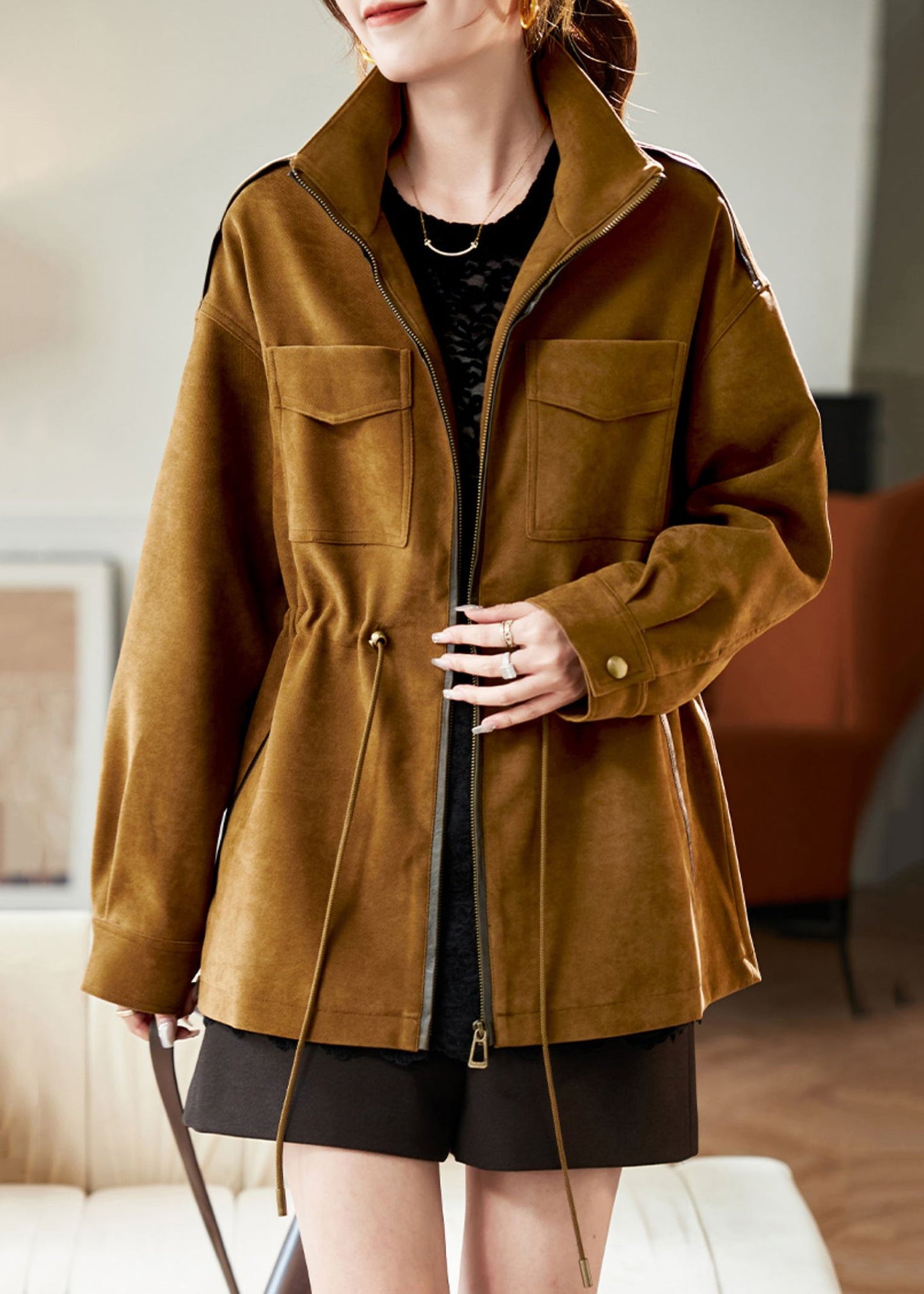 Loose Caramel Stand Collar Drawstring Pockets Cotton Coat Spring