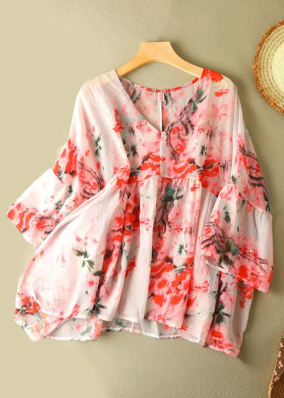 Light Pink Print V Neck Patchwork Wrinkled Cotton Top Short Sleeve