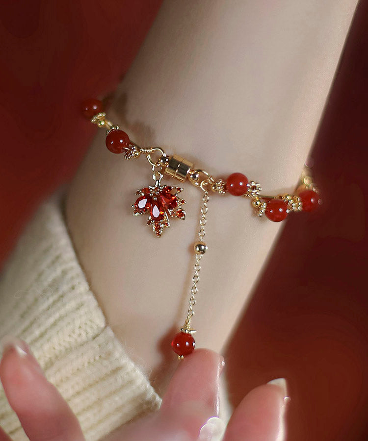Diy Red 14k Gold Agate Maple Leaves Charm Bracelet