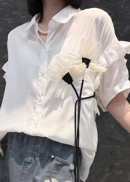 Modern White Peter Pan Collar Shirts and Denim Skirts Two Pieces Set Short Sleeve Summer