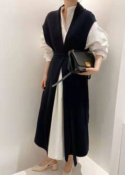 Navy Cinched Two Pieces Set Knit Vest Shirts Dress Spring