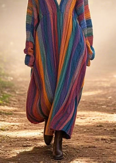 Rainbow Oversized Striped Cotton Long Dresses Spring