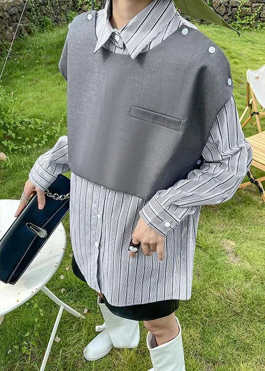 Grey Peter Pan Collar Button Fall Striped Shirt Long Sleeve