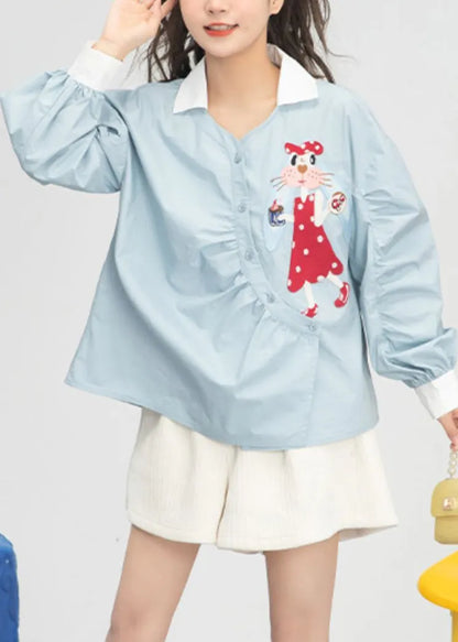 Light Blue Embroideried Button Cotton Shirts Spring