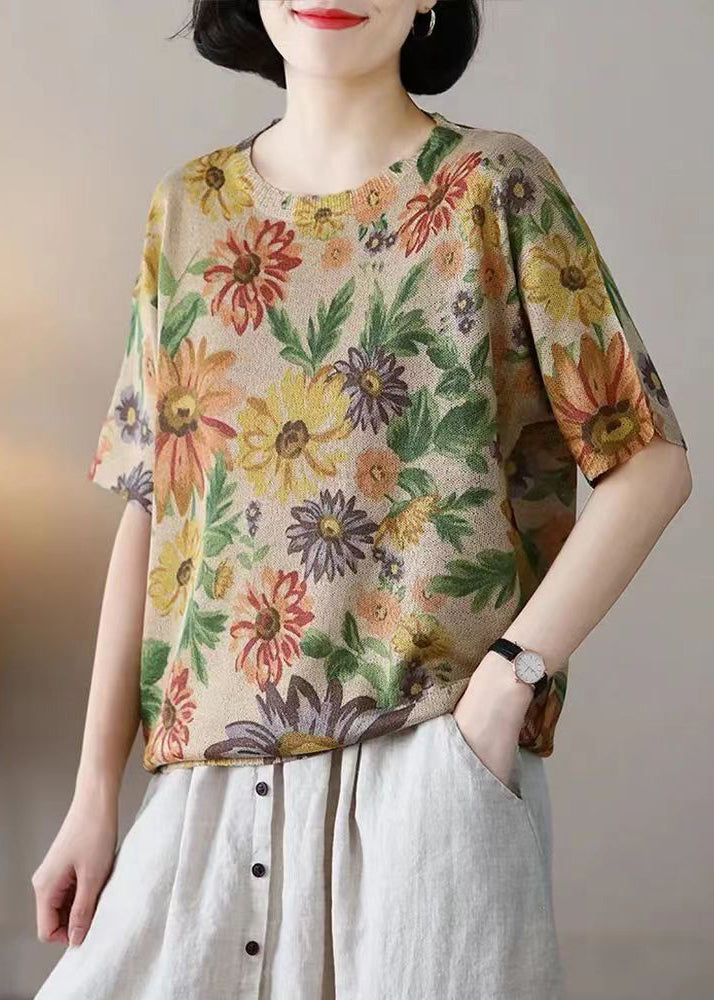 Floret Print Patchwork Cotton Knit T Shirts O-neck Summer