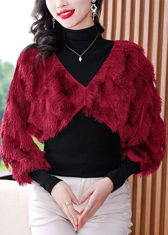 Black Turtleneck Fuzzy Fur Fluffy Patchwork Fake Two Pieces Tops Fall