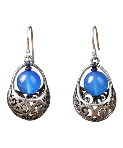 Blue Sterling Silver Agate Hoop Earrings
