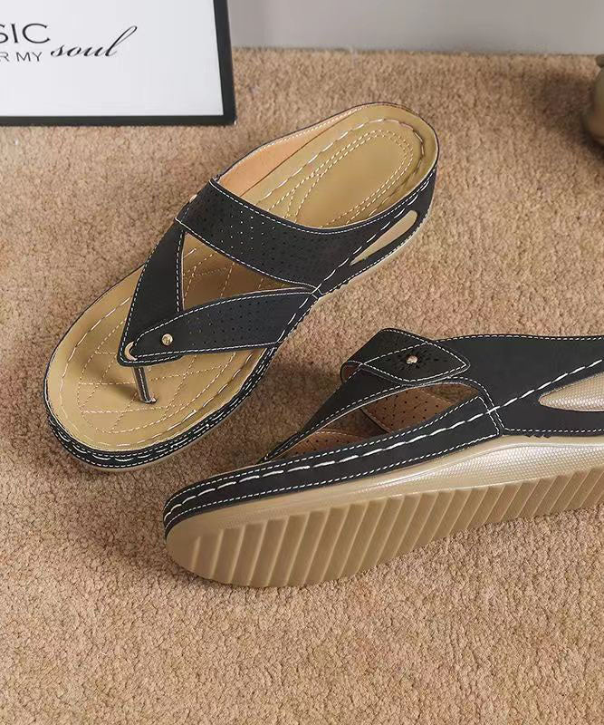 Unique Black Splicing Wedge Thong Sandals Faux Leather