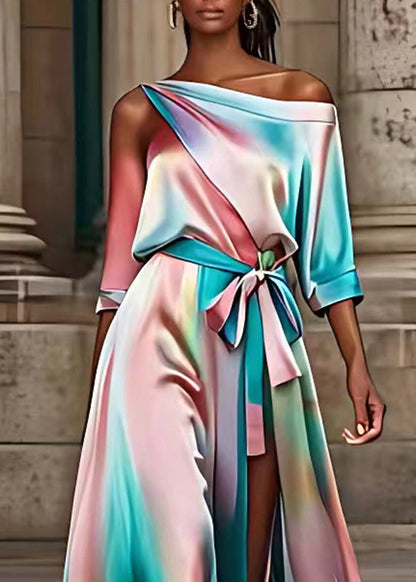 Rainbow Asymmetrical Patchwork Silk Maxi Dress Summer