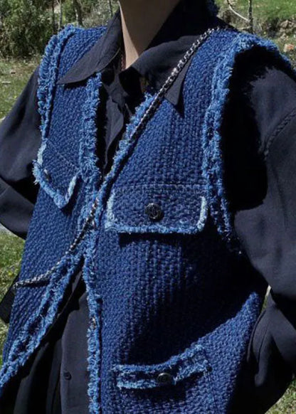 French Navy Retro V Neck Denim Pockets Fall Vest