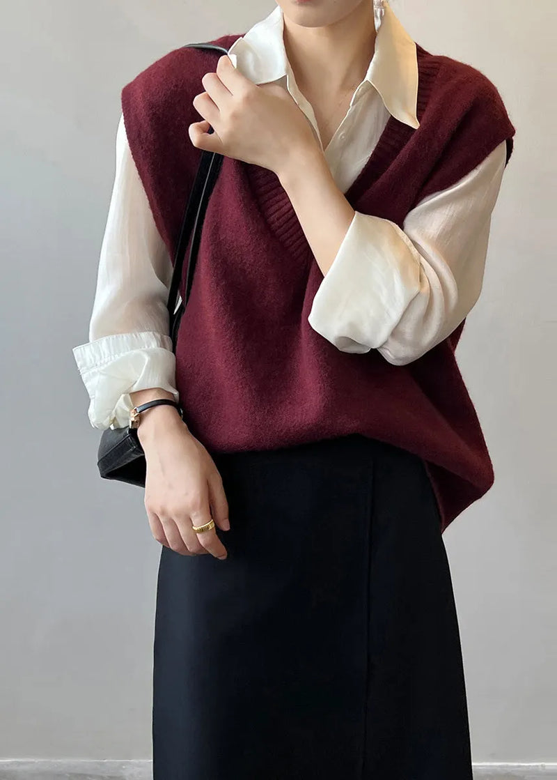 Simple Versatile Khaki V Neck Knit Vest Sleeveless