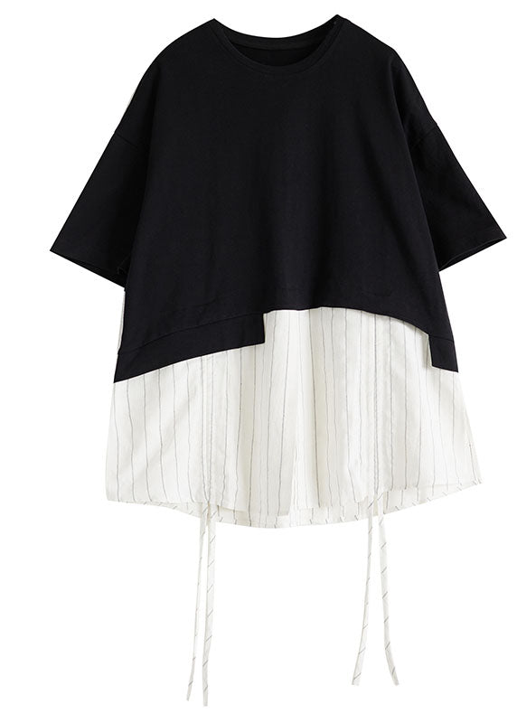 Black Striped Patchwork Fake Two Pieces Top Short Sleeve