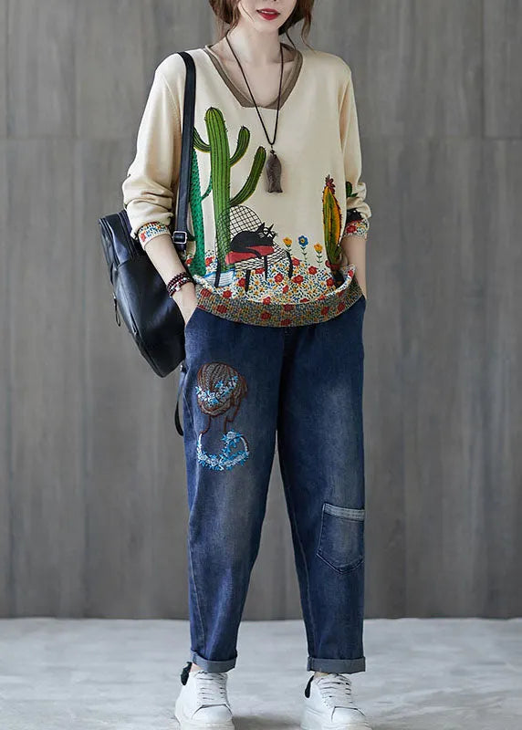 French Beige V Neck Loose Print Fall Sweater
