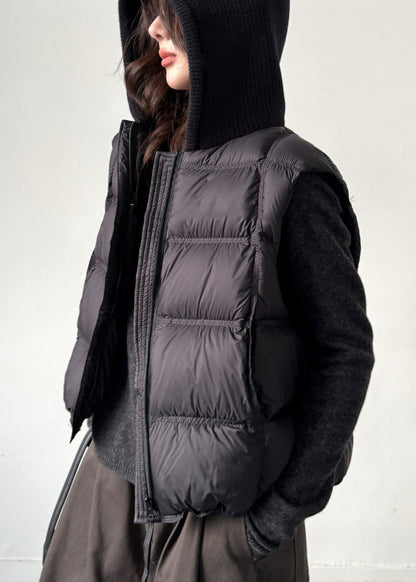 Black Zippered Pockets Knit Patchwork Duck Down Waistcoat Sleeveless