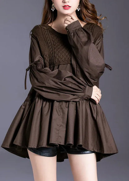 Fine Chocolate O-neck Patchwork Cotton Tops Spring