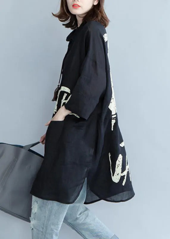 Black Peter Pan Collar Graphic Cotton Shirts Summer