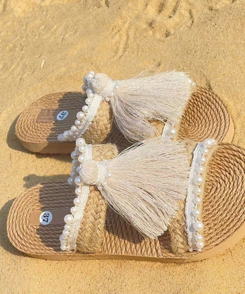 Style Tassel Grass Woven Beach Flat Slide Sandals