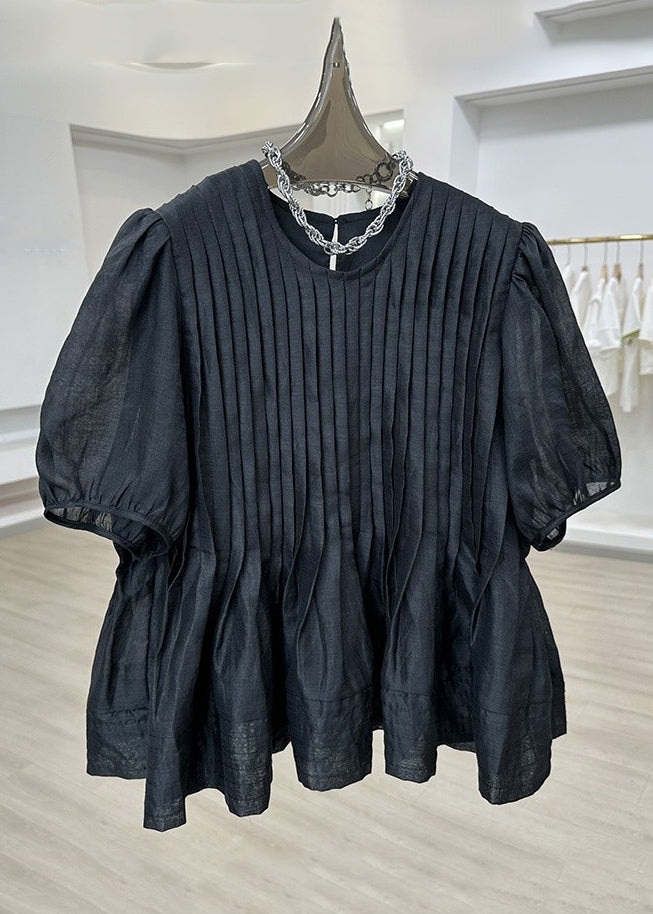 Modern White O-neck Wrinkled Patchwork Top Short Sleeve